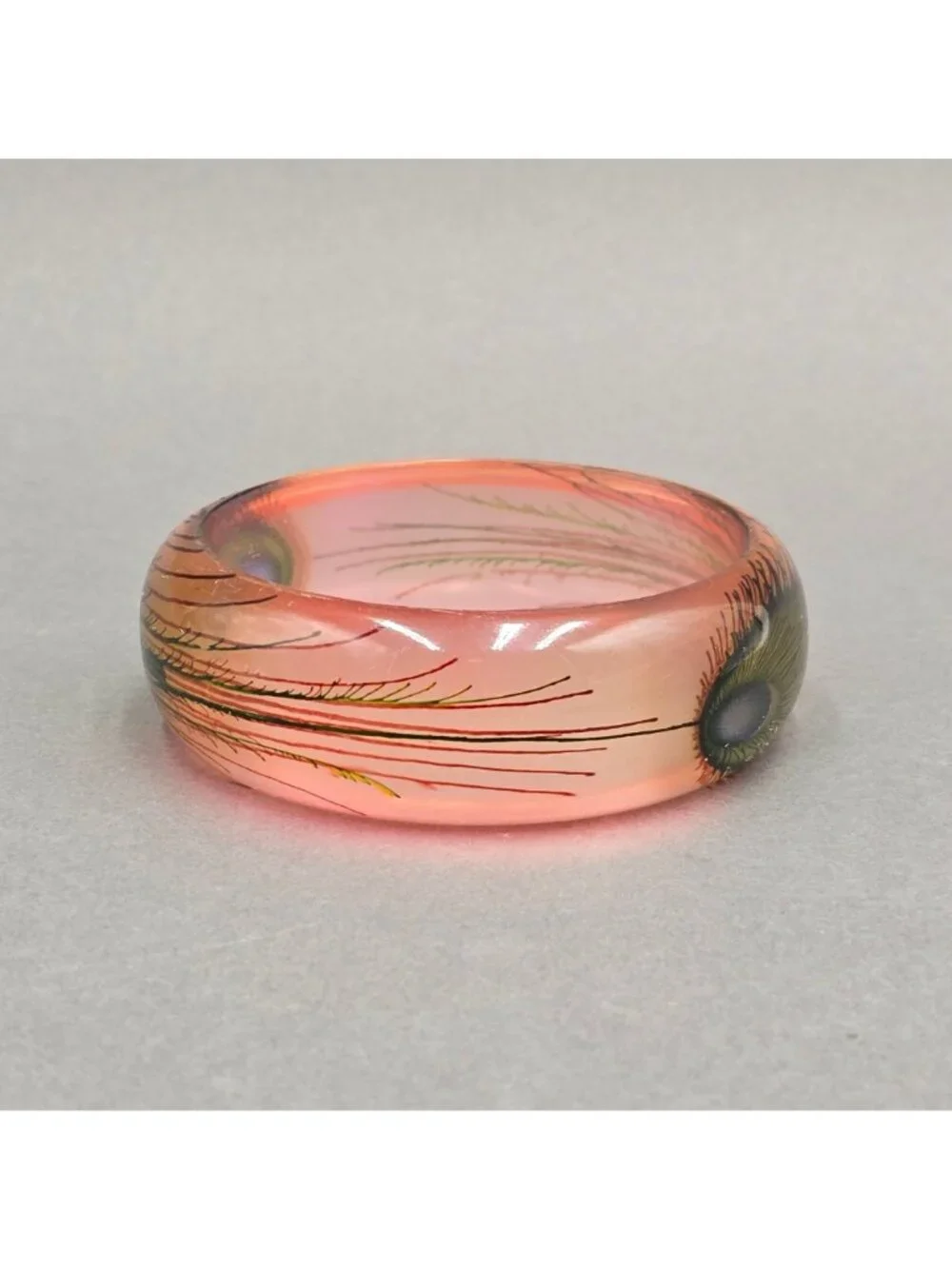 Vintage Lucite Peacock Feather Bangle Bracelet Pink Painted Retro Statement 60s - Picture 6 of 11